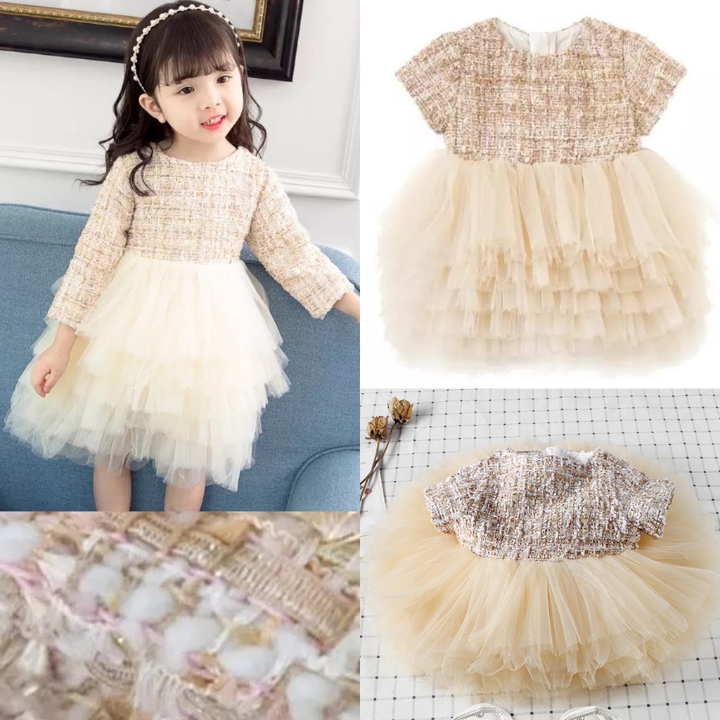 Dress pesta anak import tutu putih krem 1-6th model korea lengan panjang / pendek layer tweed gaun m