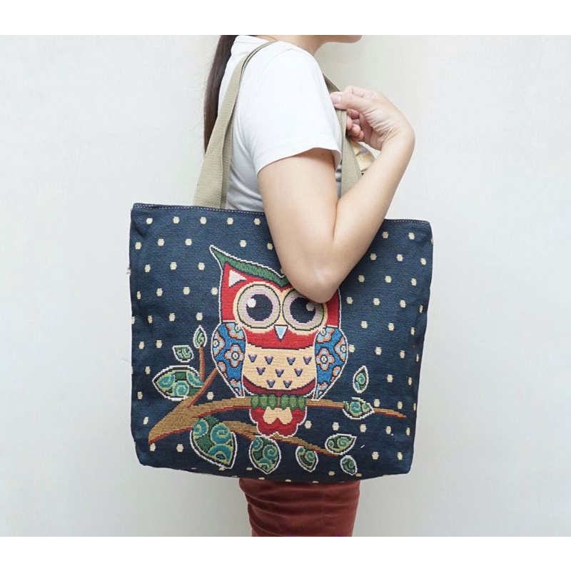 0tas tote bag thailand owl bahan kanvas ukuran large