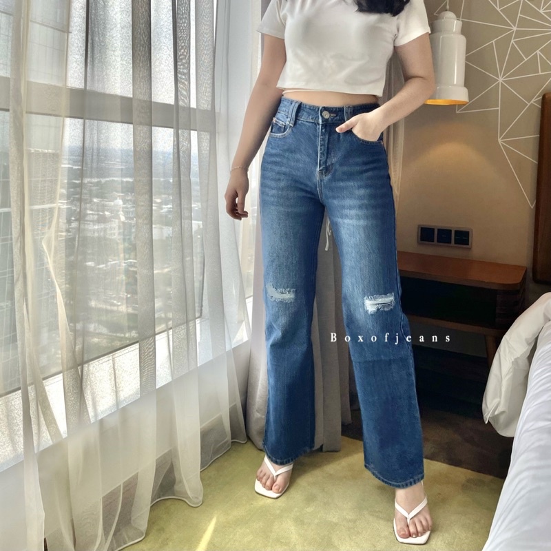 Boxofjeans - MARIE Ripped HW Loose Jeans - DARK BLUE