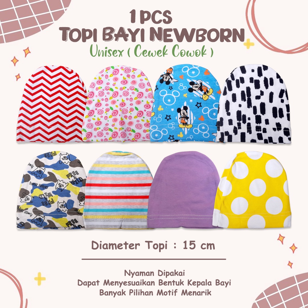 TOPI BAYI  NEWBORN BOY &amp; GIRL ecer / 1pcs  - Bahan Katun Lembut Motif Bergambar Polos