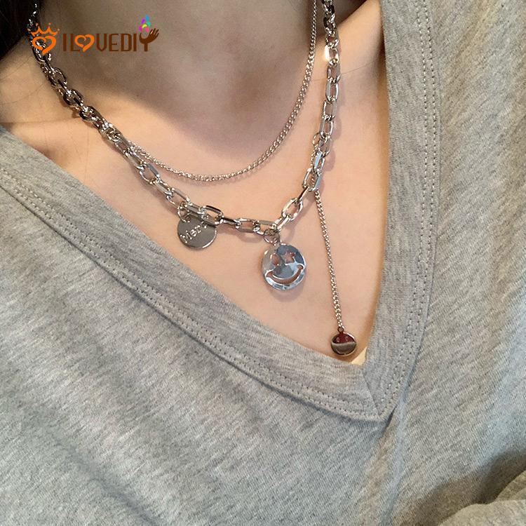 [Women Punk Chain Necklaces] [Ladies Fashion Hip Hop Clavicle Necklace] [Girls Personality Smiley Face Pendant Necklace]