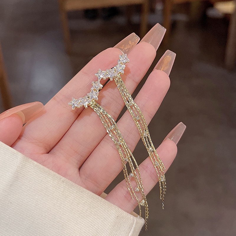Anting Tusuk Gantung Panjang Bahan Sterling silver 925 Desain Bintang Hias Zircon Gaya Mewah Untuk Wanita