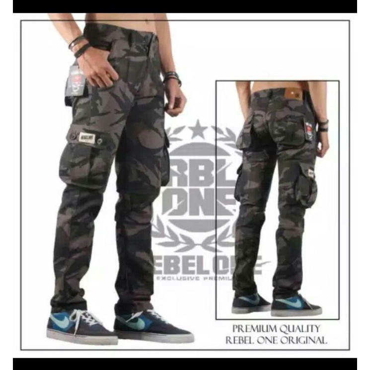 REBELONE- Distro Bandung/Celana Cargo Loreng Pria/Cargo Distro/Cargo panjang korea/acargo Kekinian