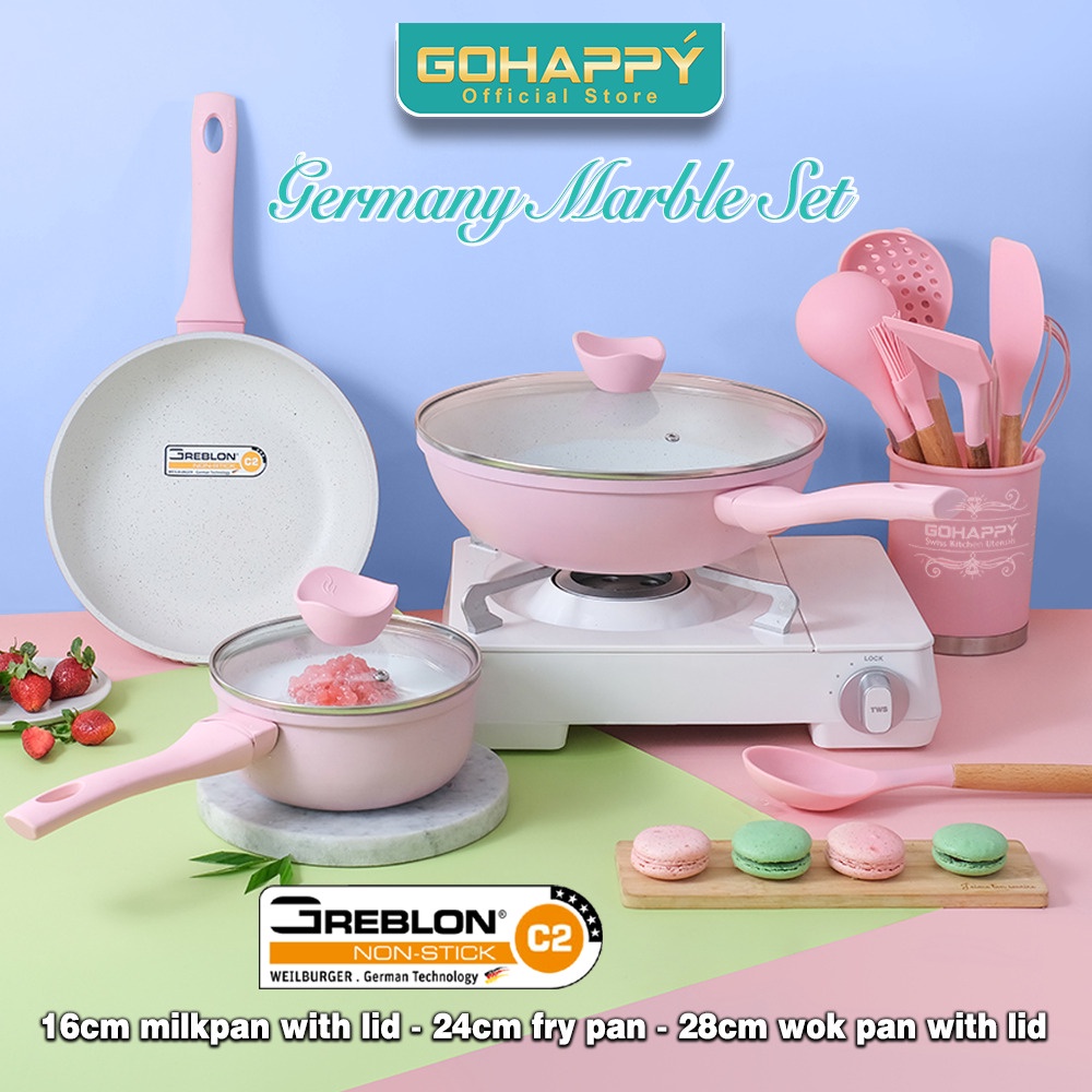 MIZUKI Panci Milkpan Pink Gohappy Germany Marble Greblon German C2 Kualitas terbaik Glowpan Sauce Pan / Milk