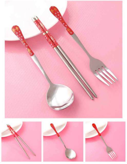 JOS694 Sendok Garpu Sumpit Set 3 in 1 Stainless Steel Souvenir Nikah Kado