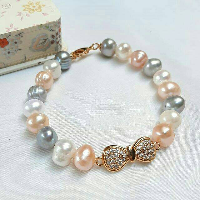 Gelang mutiara tawar kombinasi abu putih peach