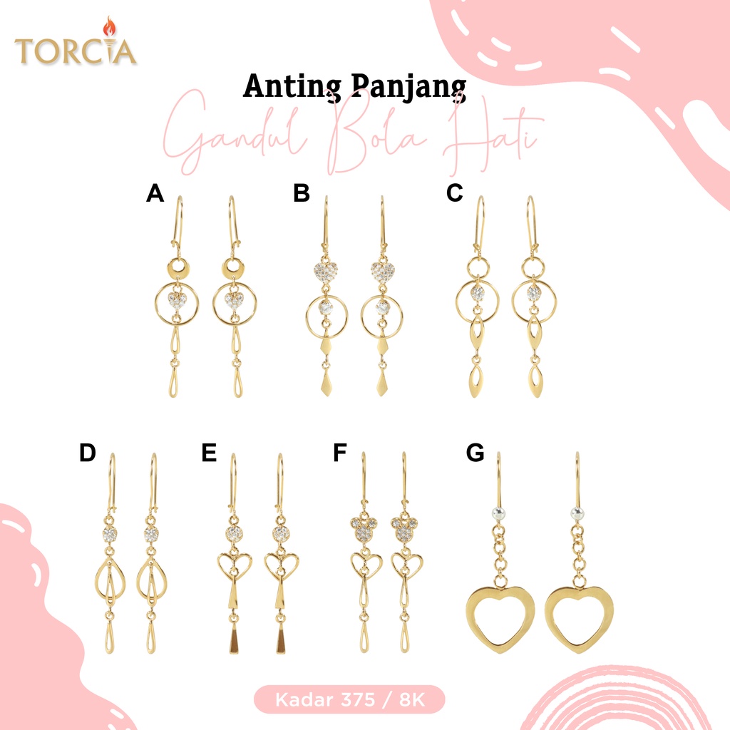 Anting Italy Emas Asli Panjang Gandul Bola Hati Kadar 375 Torcia