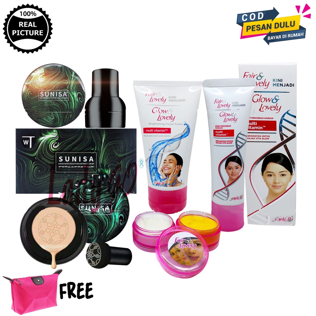 Paket 4in1 Fair &amp; Lovely Plus Sunisa Water Beauty And Air CC Cream Foundation BB Cream (Foam-Pelembab-Cream-Sunisa) Gratis 1 Pcs Tas Kosmetik