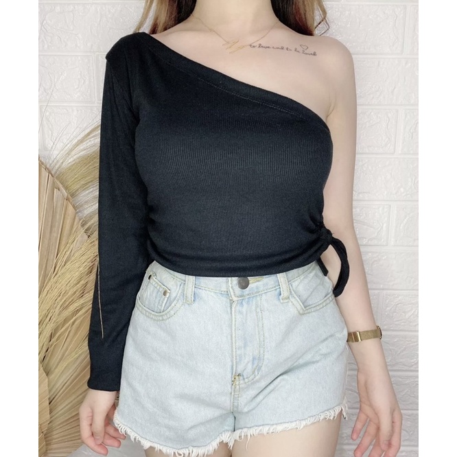 One Shoulder Knit Crop Top Serut/AURORA CLOTHING