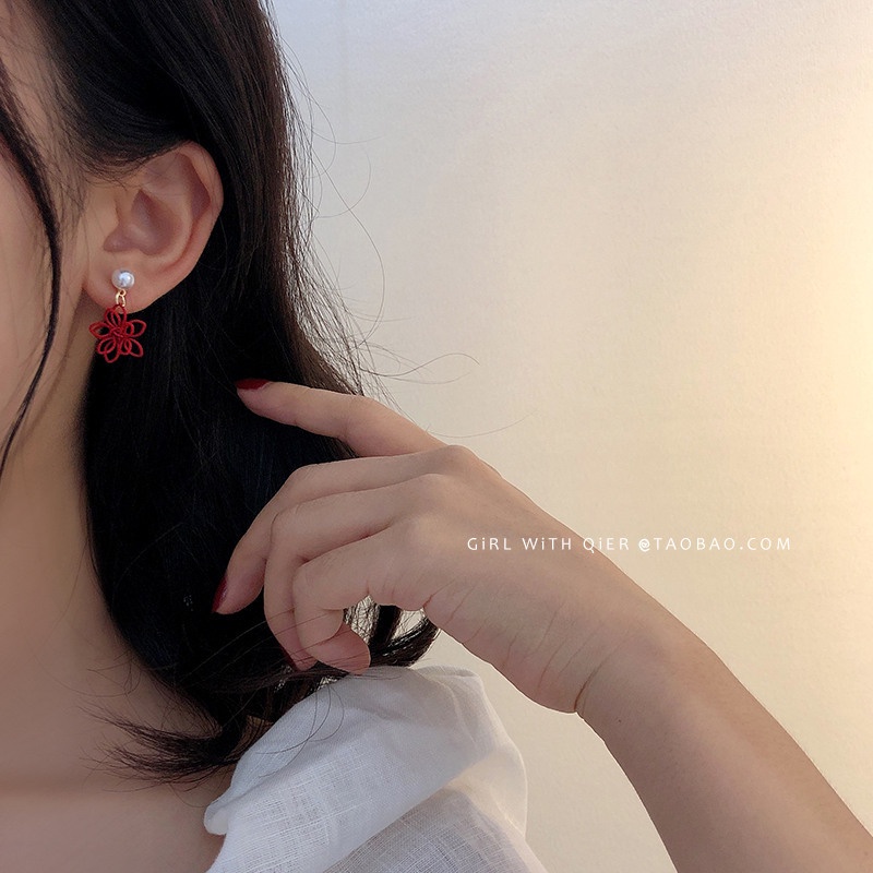 Merah Bunga Anting-Anting Tahun Baru trendi Korea temperamen internet influencer Mutiara untuk membu