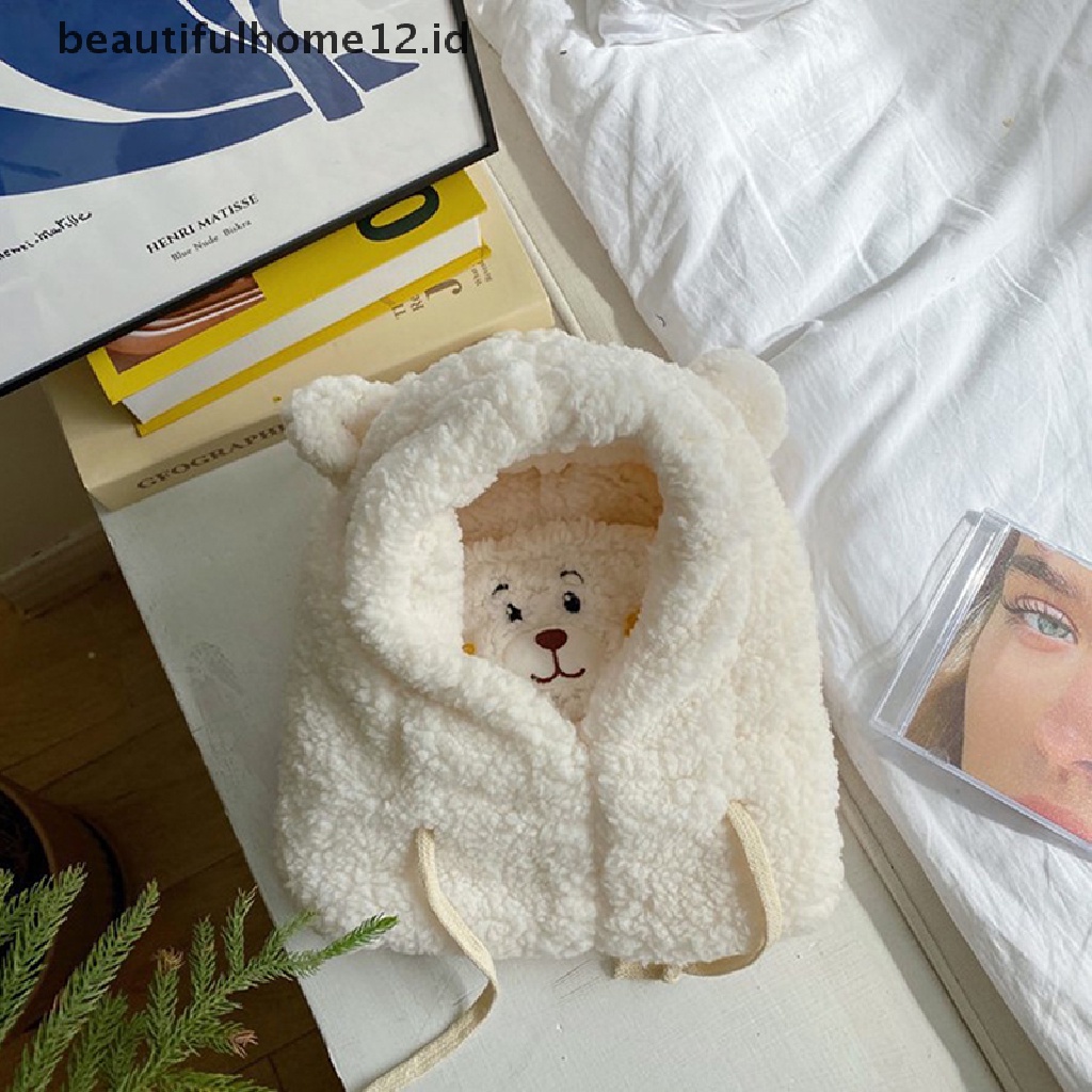 【beautifulhome12.id】 Cute Bear Ears Warm Hat Windproof Neck Scarf Cap Student Plus Cashmere Cap  .