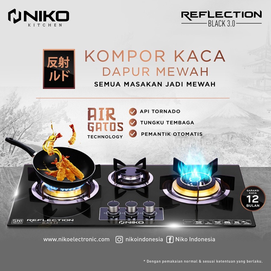 Niko Reflection Black 3.0 Kompor Gas 3 tungku Kaca Tampered Glas Mewah api turnado new