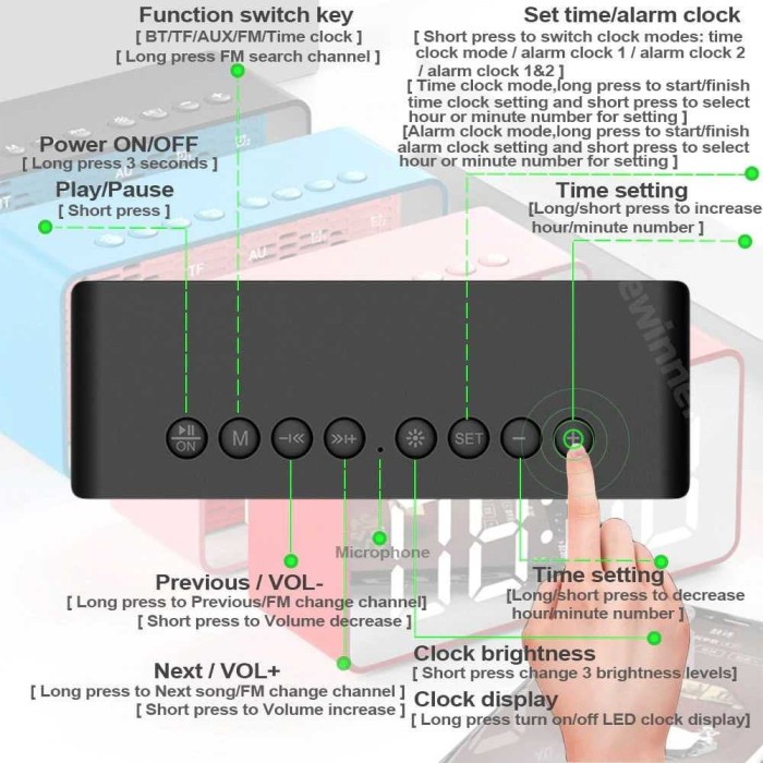 Jam Meja Weker Cermin Alarm Kotak Bluetooth Speaker TF AUX FM Radio