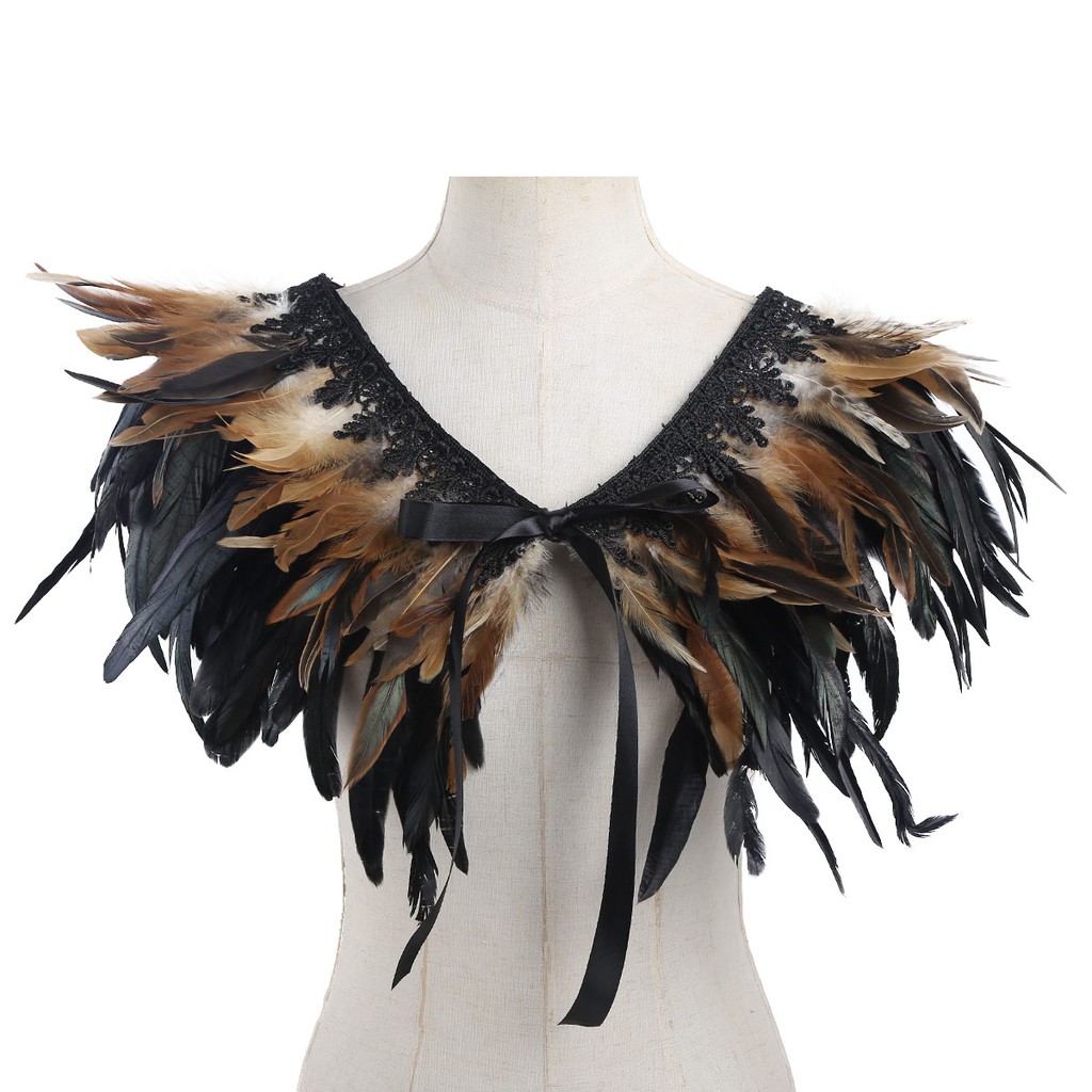 Rooster Hackle Natural Feather Shrug Cape Shoulder Wrap Collar with Ribbon Ties