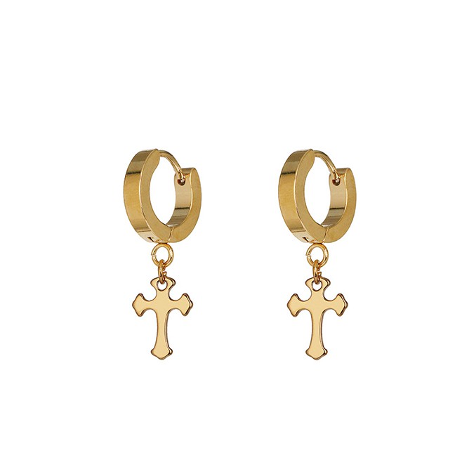 LRC Anting tusuk Fashion Golden Cross Titanium Steel Round Ear Studs D80087