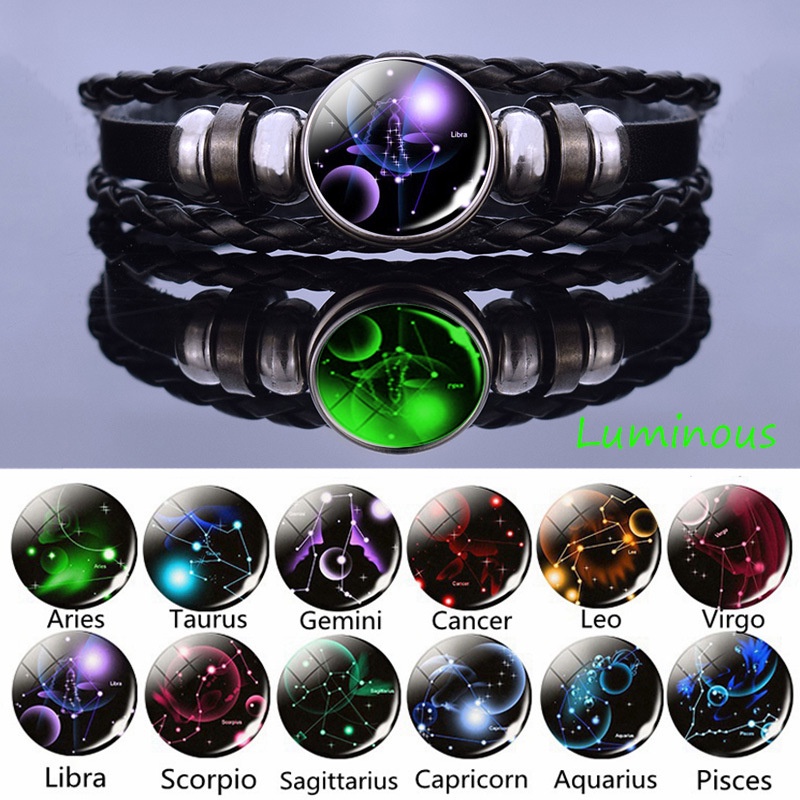 Gelang Tangan Kulit Hitam Aksen 12 Rasi Bintang Luminous Untuk Pria