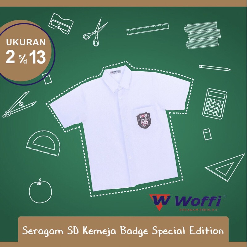 Seragam SD Woffi Kemeja Badge Special Edition Putih / SERAGAM SEKOLAH WOFFI LENGAN PENDEK BAHAN KATUN HALUS