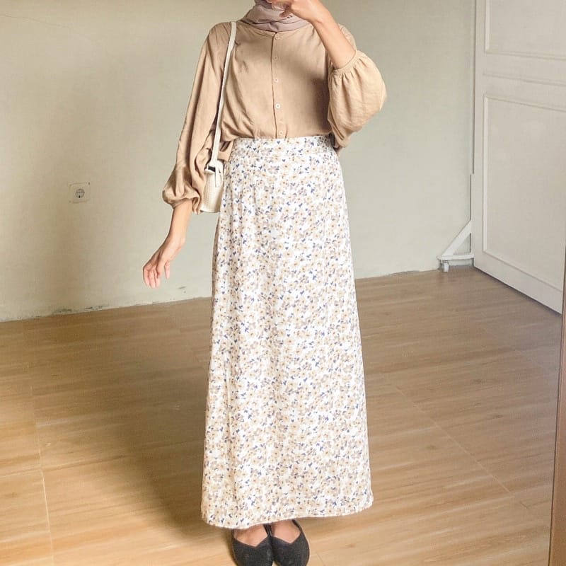 Rok Wanita Span Panjang Korea Style Floral Skirt A Line Motif Bunga Model Kekinian Good Quality Premium