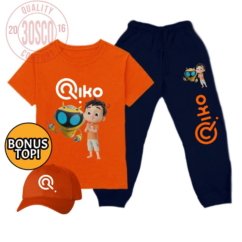 Setelan Kaos Anak Laki Perempuan dan Celana jogger Motif Riko The Series Bonus Topi dan bisa kasih n
