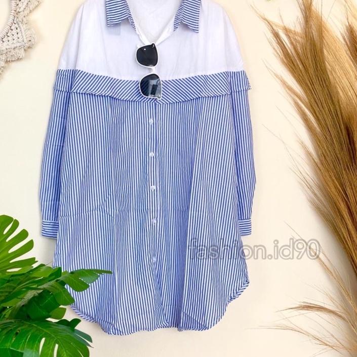 ❅ FASHION.ID90 TUNIK KEMEJA KOMBINASI KEMEJA SALUR BIRU DAN BB KUALITAS IMPORT / TUNIK KEKINIAN / TU