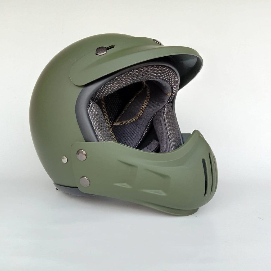 Helm Retro Cakil Modular Hijau Army Doff (Vespa / Klasik / Vintage)
