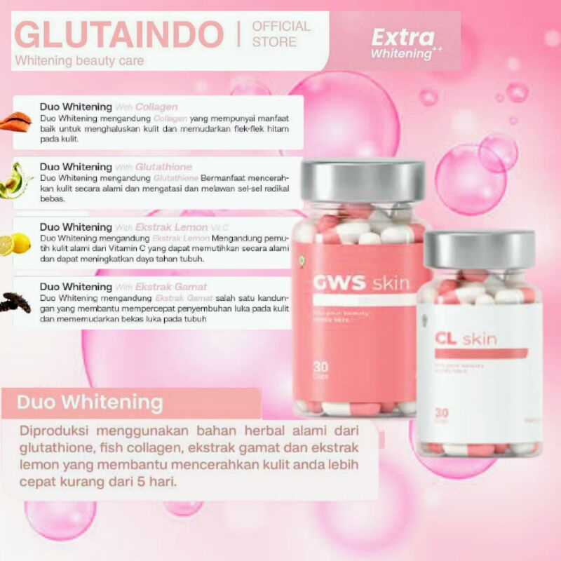 Glutaindo-Duo Skin Whitening 7X Extra Booster Pemutih Kulit Seluruh Tubuh & Suplemen Pemutih Badan T