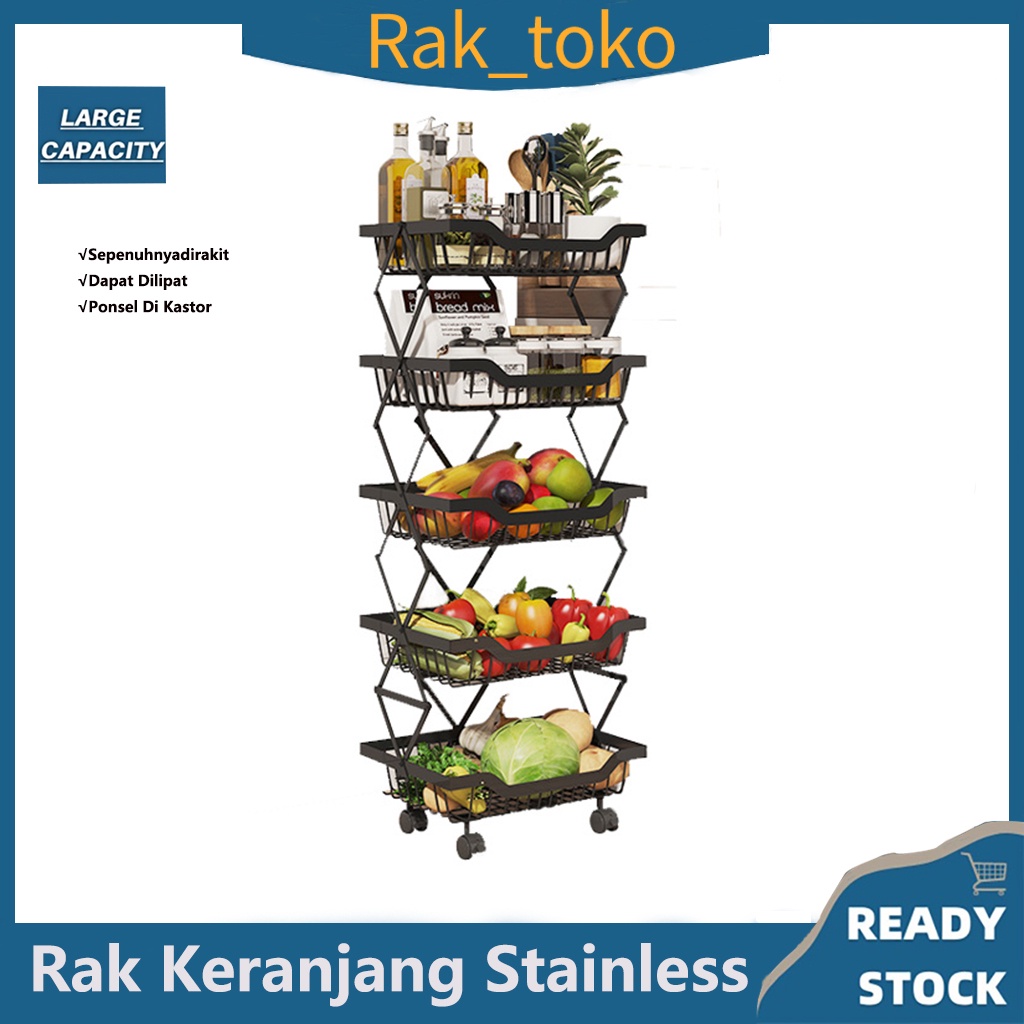 Rak keranjang Stainless steel Rak Penyimpanan Serbaguna Rak Ruang Tamu Tingkat buah dan sayur lipat dapur seluler baru dengan rol geser