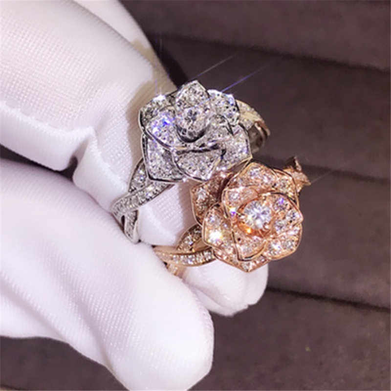 SEUSUK  Cincin Lapis Rose Gold 18K Desain Bunga Mawar Hias Berlian Imitasi untuk Wanita COD