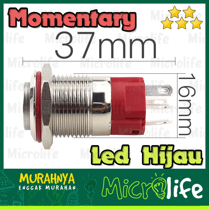 Push on Button Stainless Power LED Hijau 16mm 9-24v Momentary Green