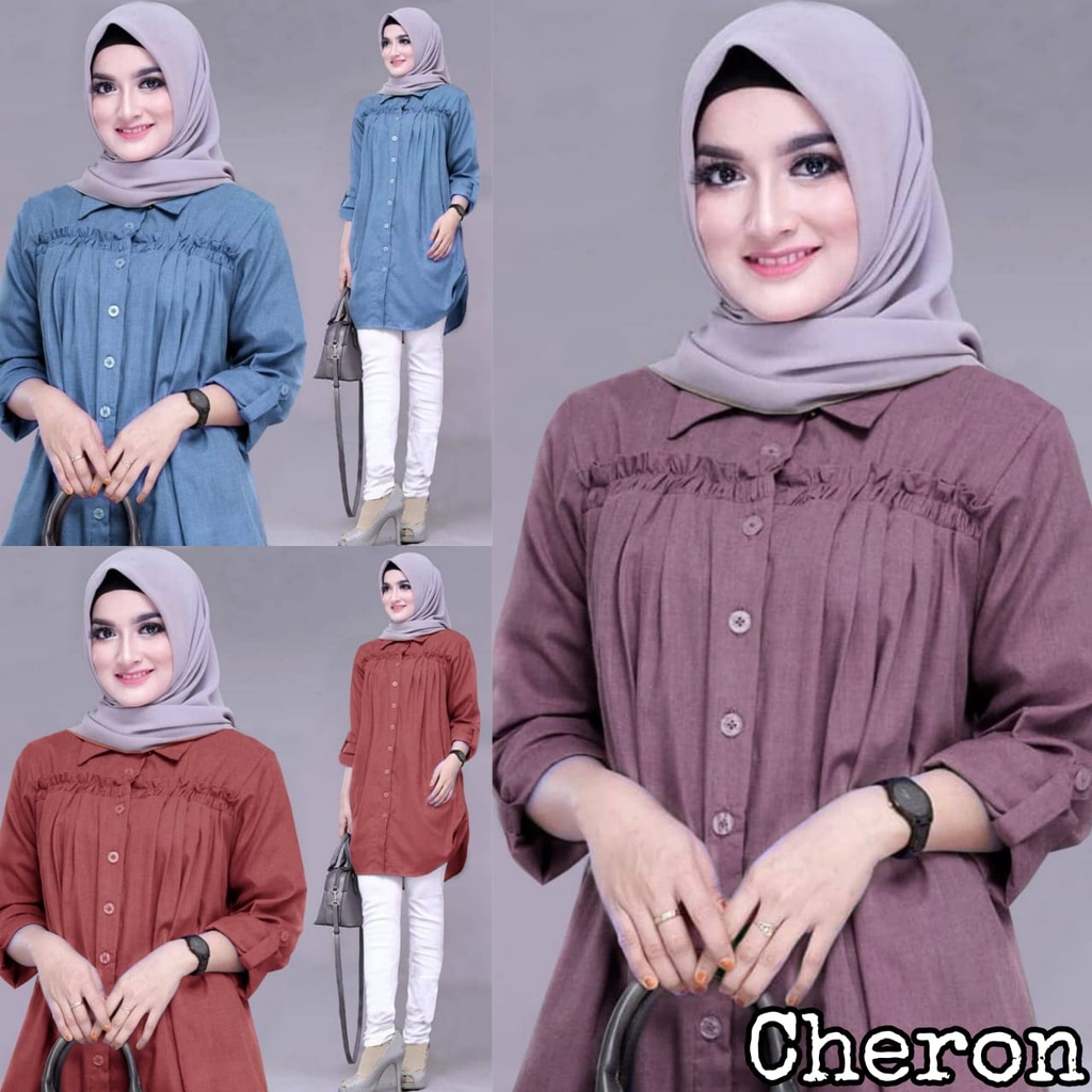CHERON 21433 - Kemeja Tunik Polos Wanita Lengan Panjang Baju Atasan Tunic Cewek Pakaian Remaja Dewas