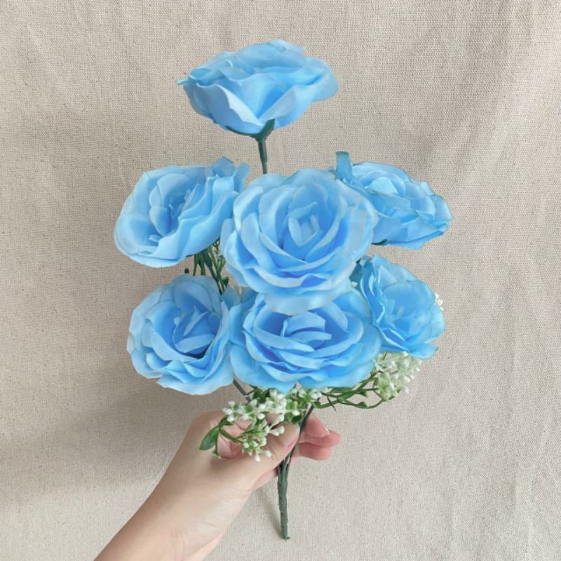 Bunga Mawar Impor Rose Paris Kombinasi x7 (satuan) Bunga Artificial / Bunga Plastik / Bunga Dekorasi-Biru