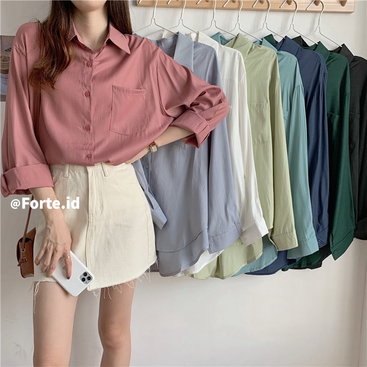 kemeja lengan panjang wanita Atasan Korean style atasan warna solid minimalis baju wanita