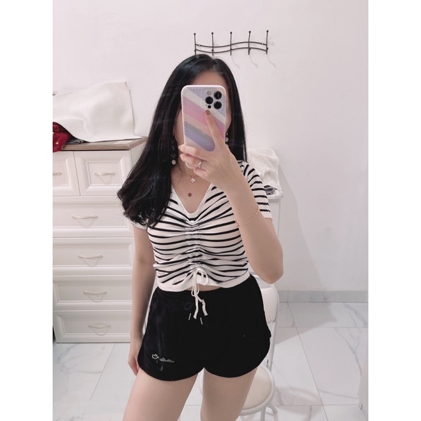 Croptop salur knit serut depan | atasan rajut salur | top rajut serut depan | atasan import | korean fashion wanita | aquarius boutique89 grosir