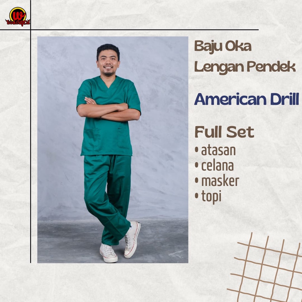 Baju Ok Oka Pendek American Drill | APD Medical Scrub Dokter Perawat Petugas Medis