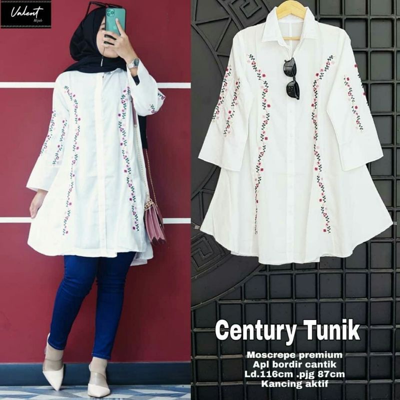 Century Tunik Jumbo warna hitam putih kemeja cewek bahan Moscrepe fashion bordir ukuran big size XXX