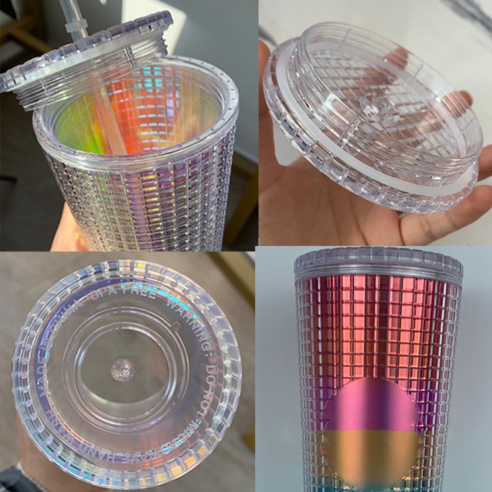 2022 NEW Arrival 24oz Diamond Radiant Goddess Corn Grid Studded Cup Double Wall Plastic Coffee Mug Tumbler with Straw and Lid -OW-