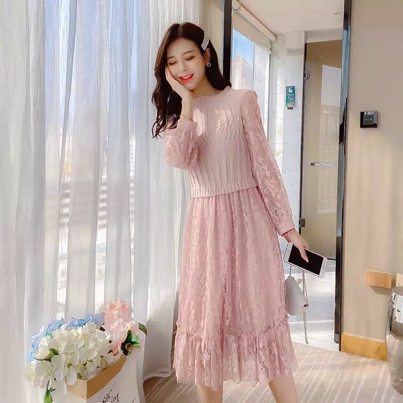 gaun dress lengan tangan panjang rok pendek brukat kombinasi rajut bahan halus import ready cream