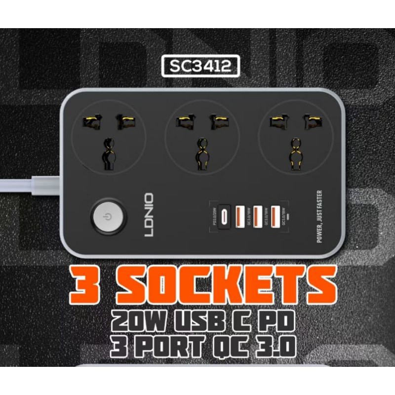 stop kontak LDNIO SC3412 3  soket power 3Usb + PD USB-C fast charging 20watt