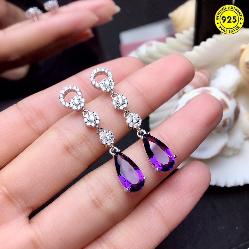 Anting Giwang Panjang Mewah Dengan Amethyst + Berlian Imitasi Untuk Wanita