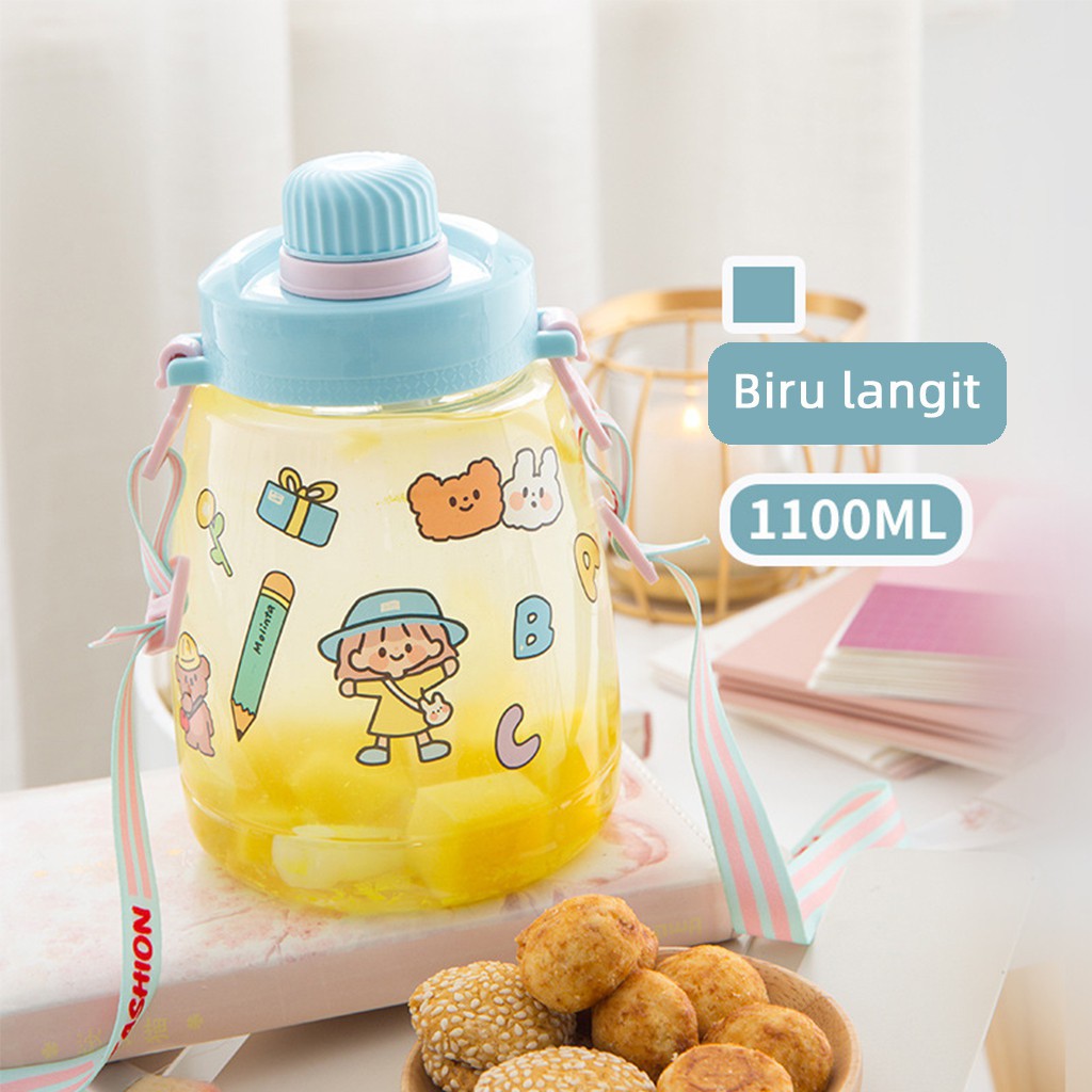Botol Minum Anak Desain Unik Variasi Motif Karakter terdapat Sedotan BPA FREE bottol minum sedotan cangkir jerami cangkir plastik lucu cangkir kartun portabel 480ML 1000ML-Biru langit 1100 ml
