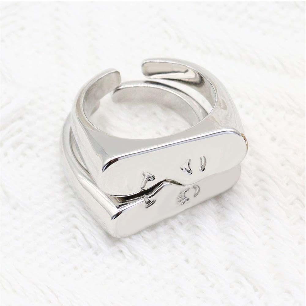 Mxbeauty Cincin Pasangan Perak Fashion Perhiasan Jari Aksesoris Pesta Adjustable Gaya Korea Emoticon Pasangan Ring