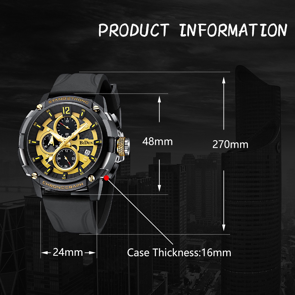 BIDEN Jam Tangan Pria Anti Air Olahraga Militer Chronograph Tali Silikon Jam Tangan Cowok Kuarsa