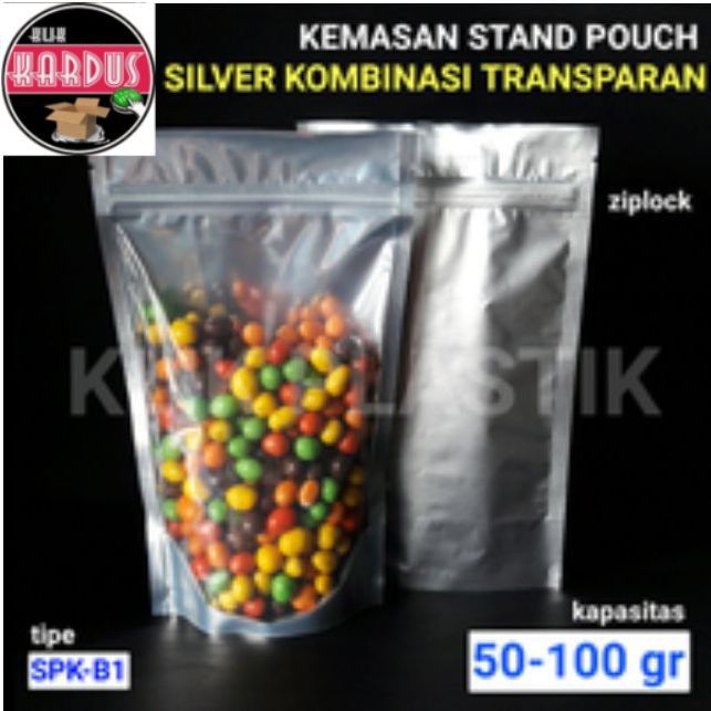 KEMASAN STANDING POUCH ALUFOIL KOMBINASI 50-100GR/PLASTIK KLIP SNACK