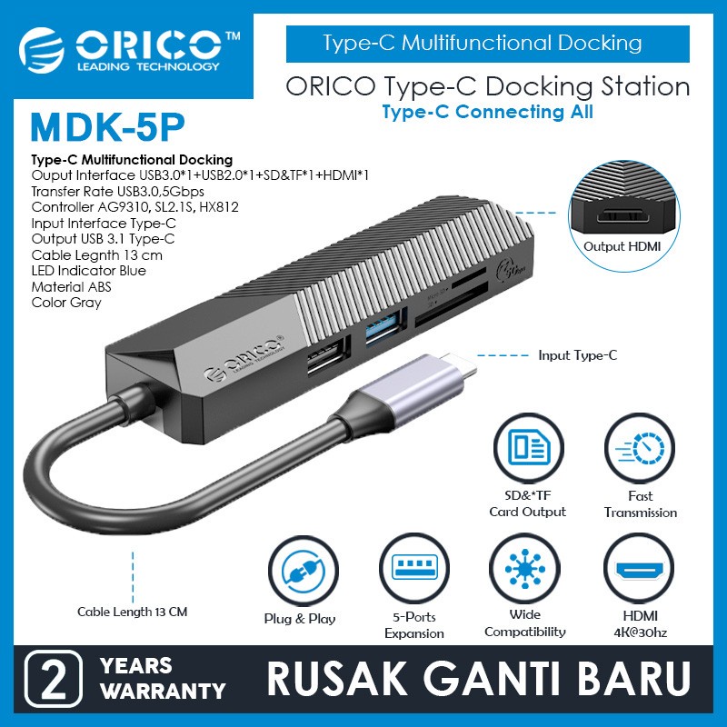 ORICO MDK-5P 5 in 1 Type-C Hub USB 3.0 USB 2.0 SD TF HDMI
