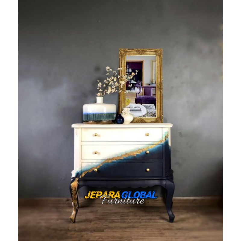 Nakas laci 3 duco black & white leafes ( nakas ukir jati,nakas duco,nakas jati murah,nakas antik )