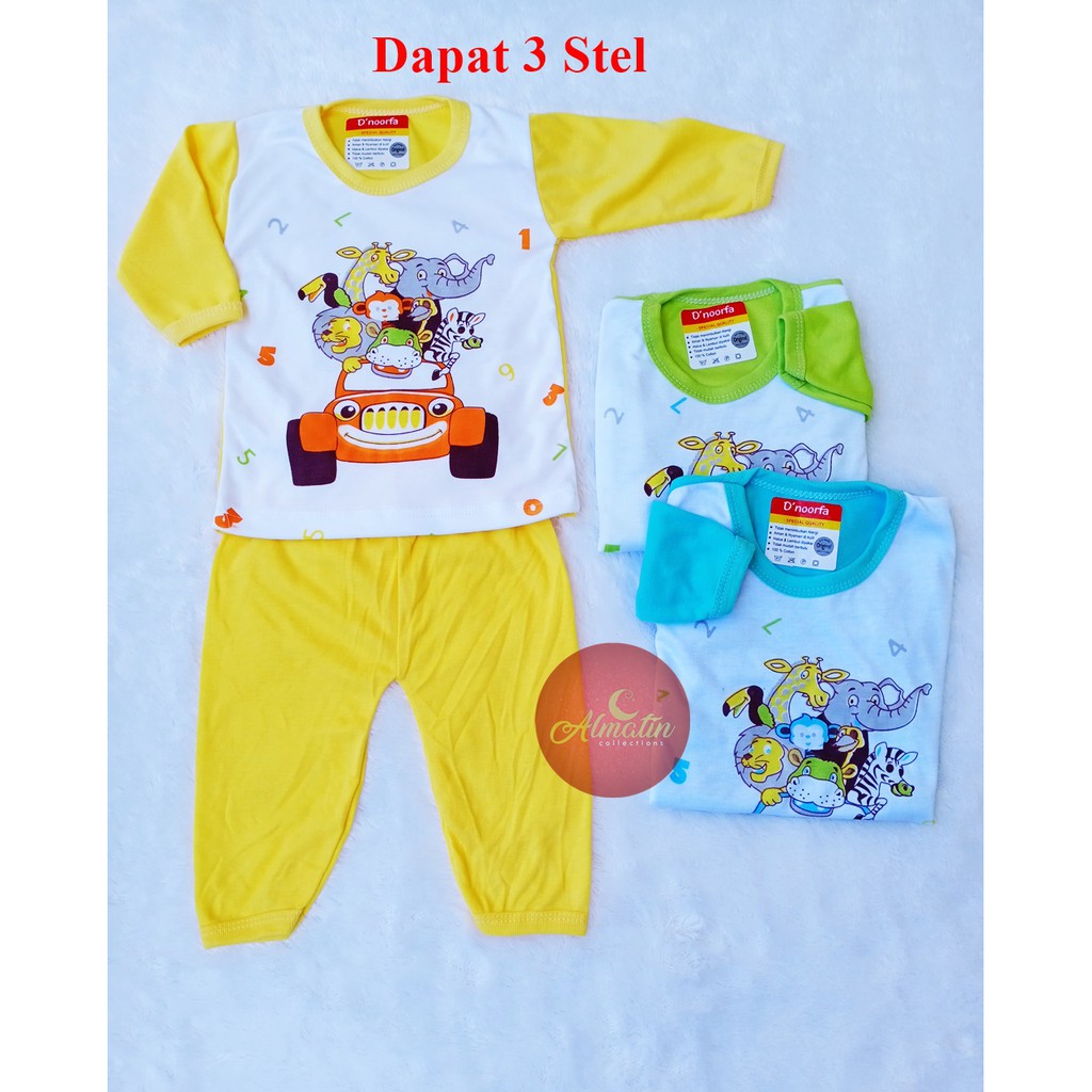 Setelan Piyama Panjang Bayi / 3 Stel Baju Panjang Anak Motif Animal / Baju Bayi D'noorfa