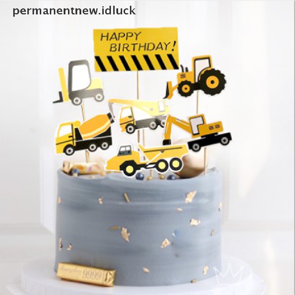 7pcs Topper Kue Desain Konstruksi Excavator Untuk Perlengkapan Pesta Ulang Tahun