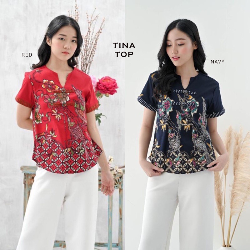 Evercloth Tina Blouse Wanita Atasan Wanita Batik Couple Top Jumbo Family Cheongsam CNY Imlek Merah