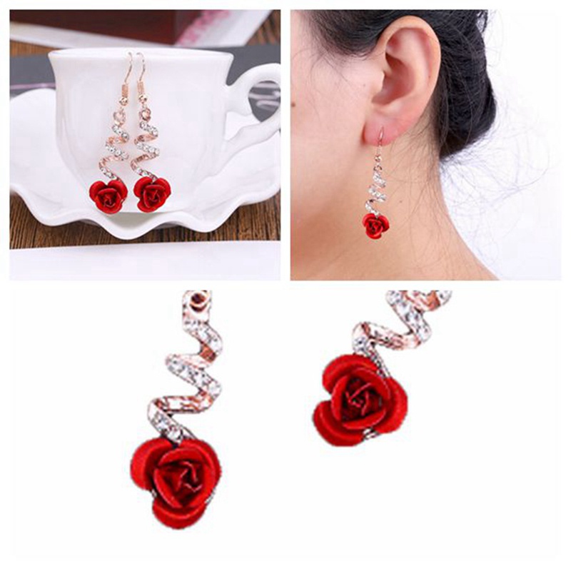 Fancyqube Anting Menjuntai Bentuk Mawar Merah Spiral Untuk Perhiasan Wanita