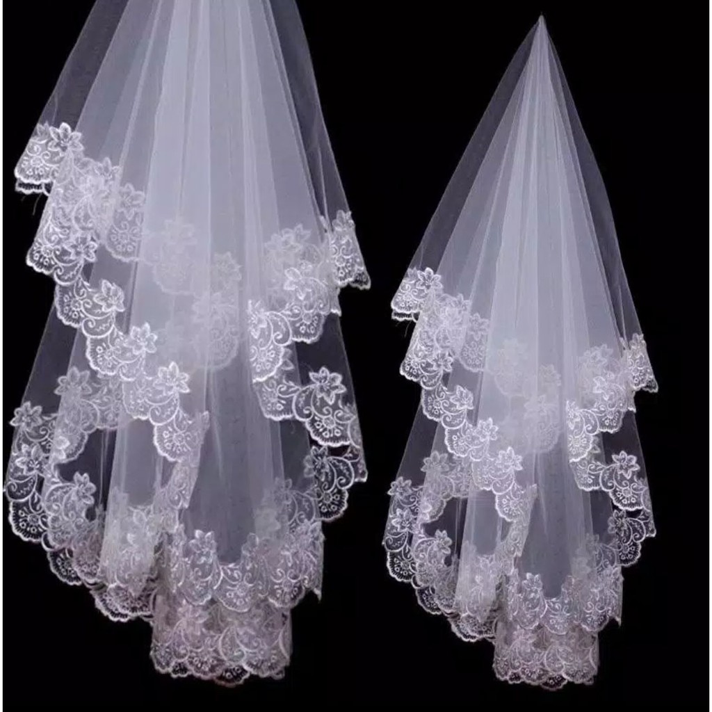 White Elbow Tulle Lace - Slayer Wedding Bridal Long Veil - Kerudung Pengantin 1 Layer